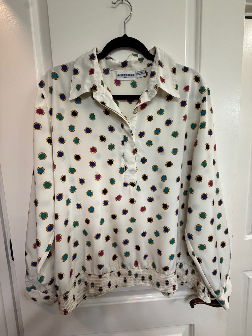 Alfred Dunner Cream Polka Dot Pullover Blouse with Teal Navy and Magenta Accents